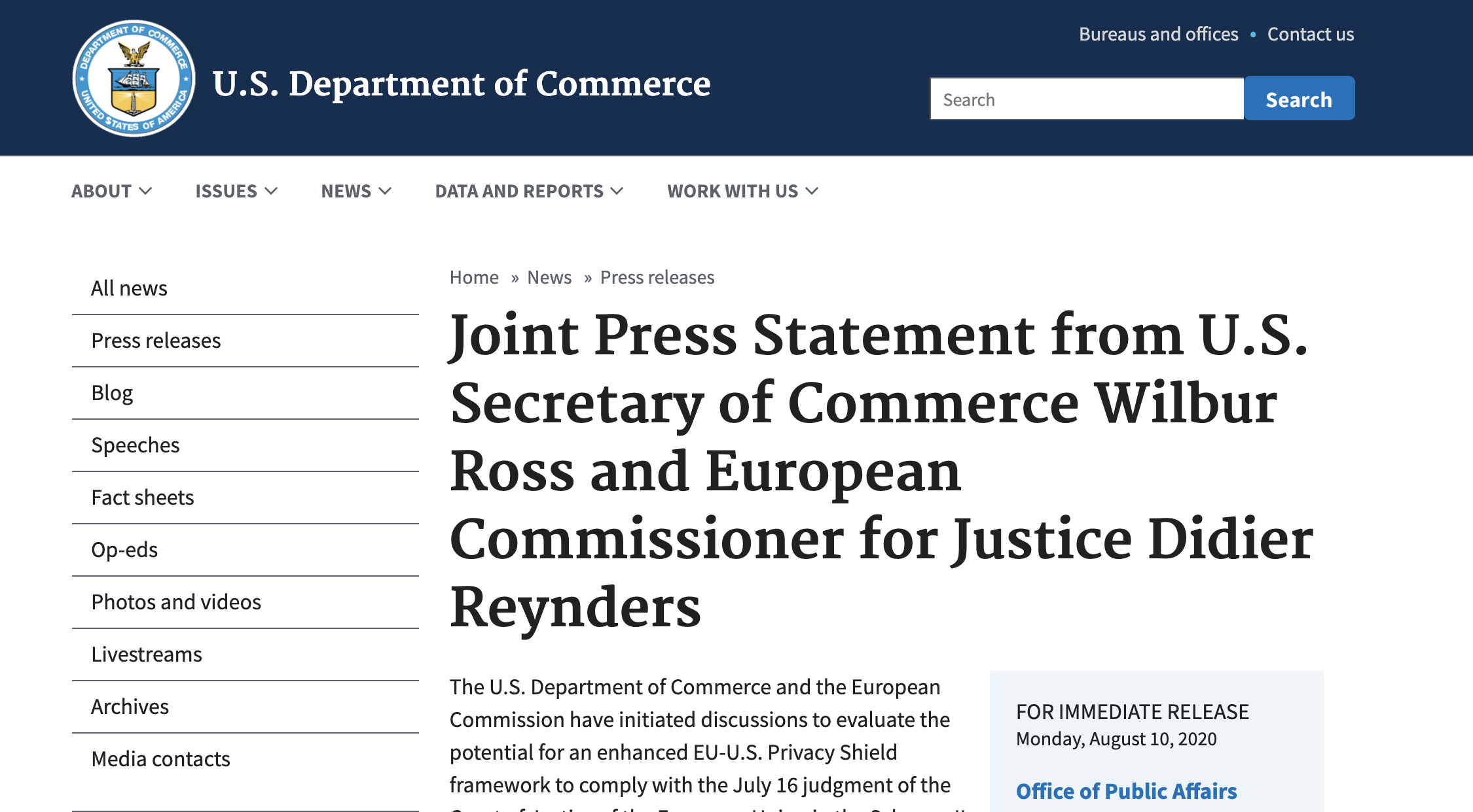 隐私盾”被判无效后续：美欧重启讨论对加强版协议开展评估