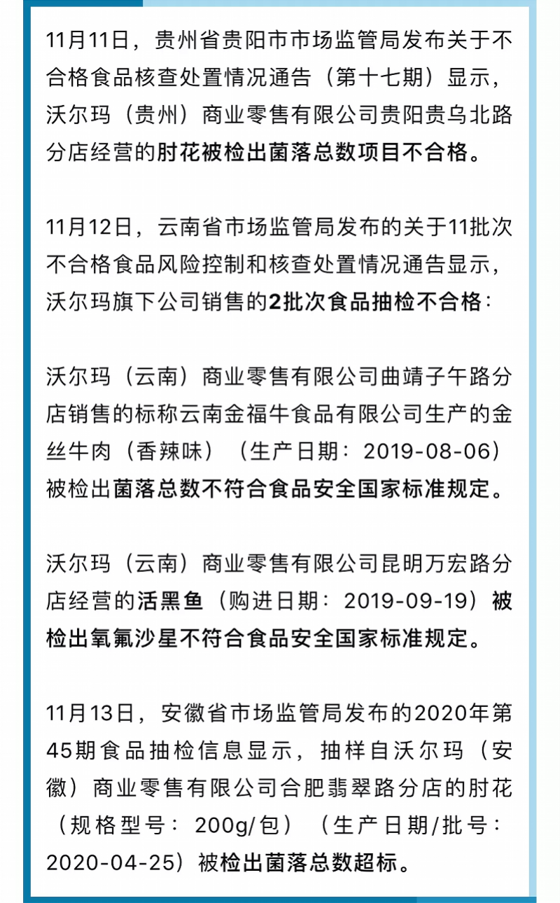 沃尔玛11月连续三起食品安全不合规