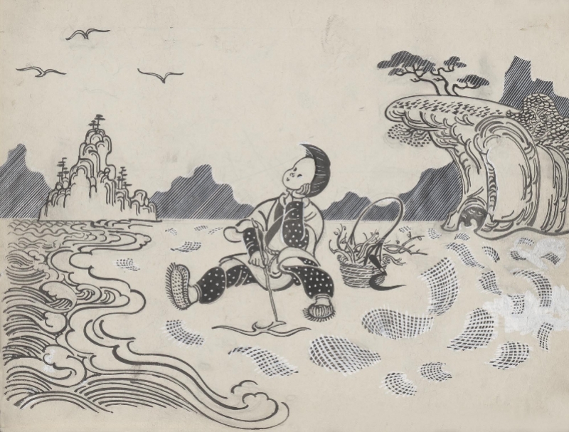《神笔马良》（二），27×36cm,1954年。他到山上砍柴时，就用一杆树枝在沙地上画飞鸟。.jpg